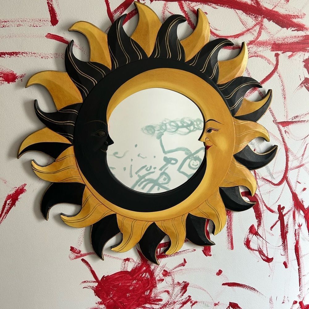 Vintage 90s 23.5" Sun and Moon Wall Mirror Decor - Black and Gold Whimsygoth